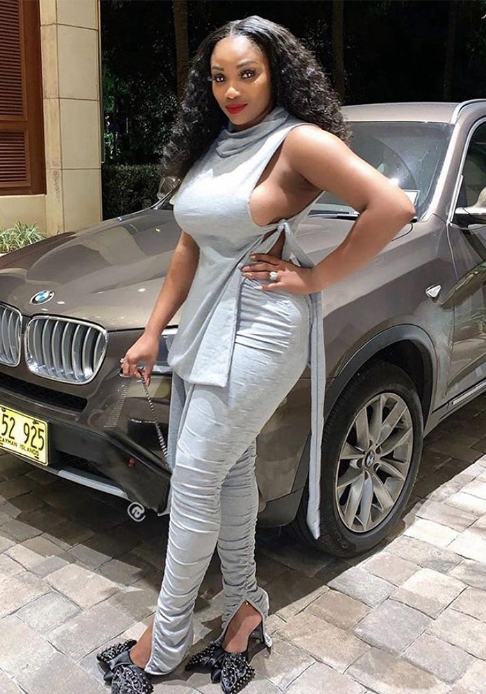 Women's Spring Summer Fashion Sexy Solid Side Lace-Up Two-Piece Pants Set