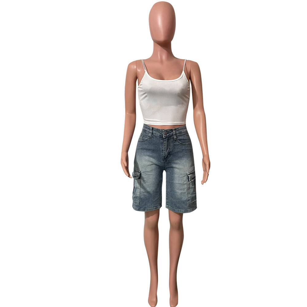 Women Trend Knee-Length Stretchy Denim Cargo Shorts 4