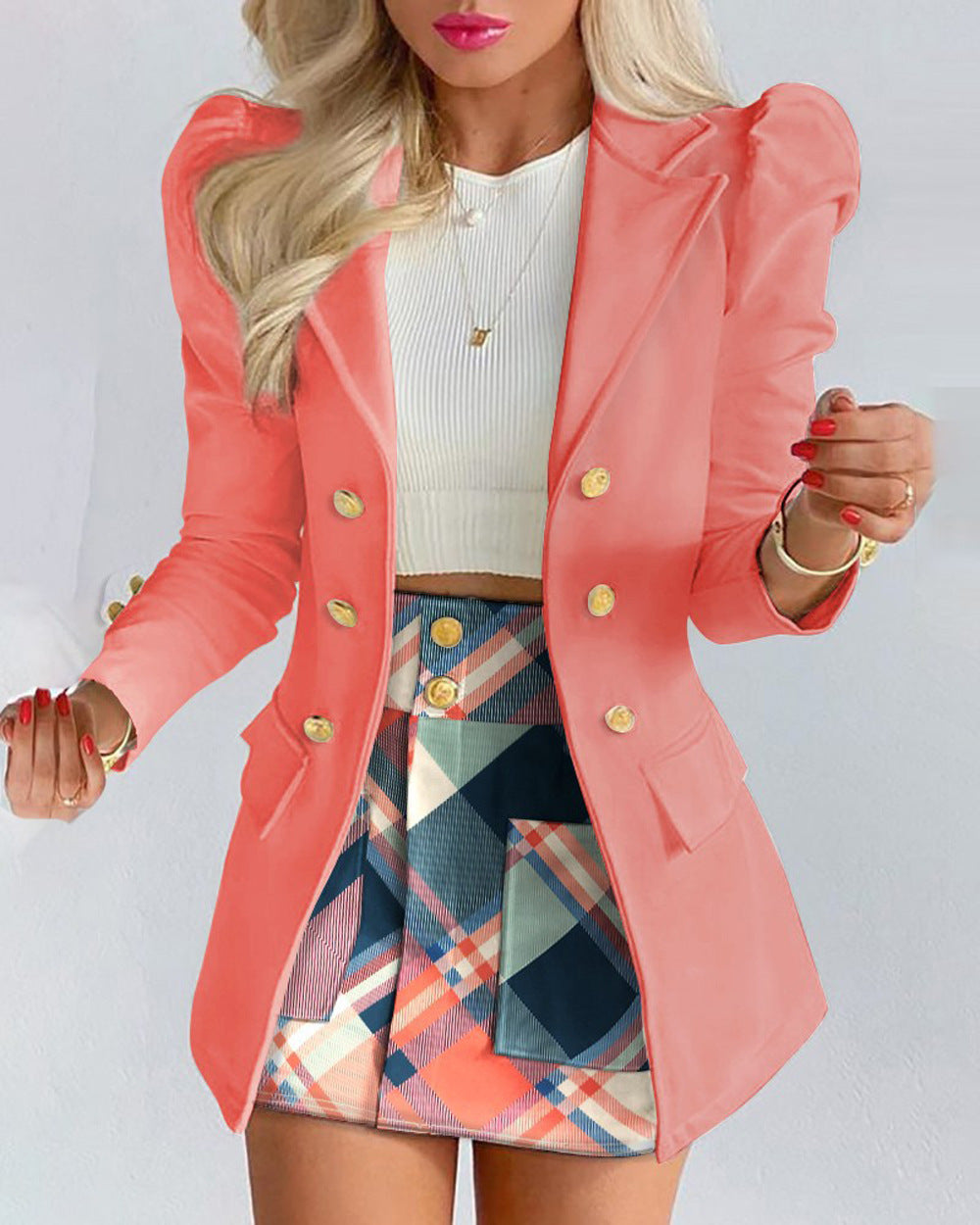 Women Printed Elegant Career Blazer and Print Skirt Two-Piece Set 6
