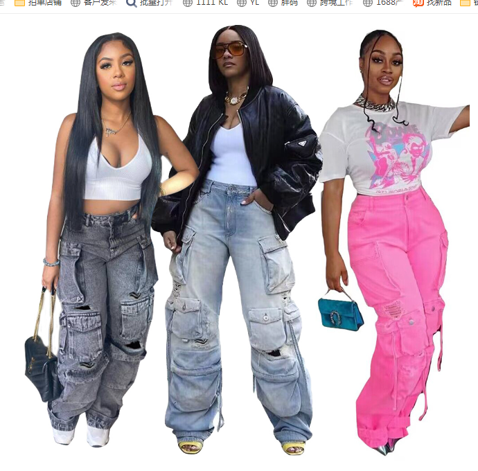 Denim Cargo Pants Multi-Pocket Pants Retro Casual Pocket Pants 19