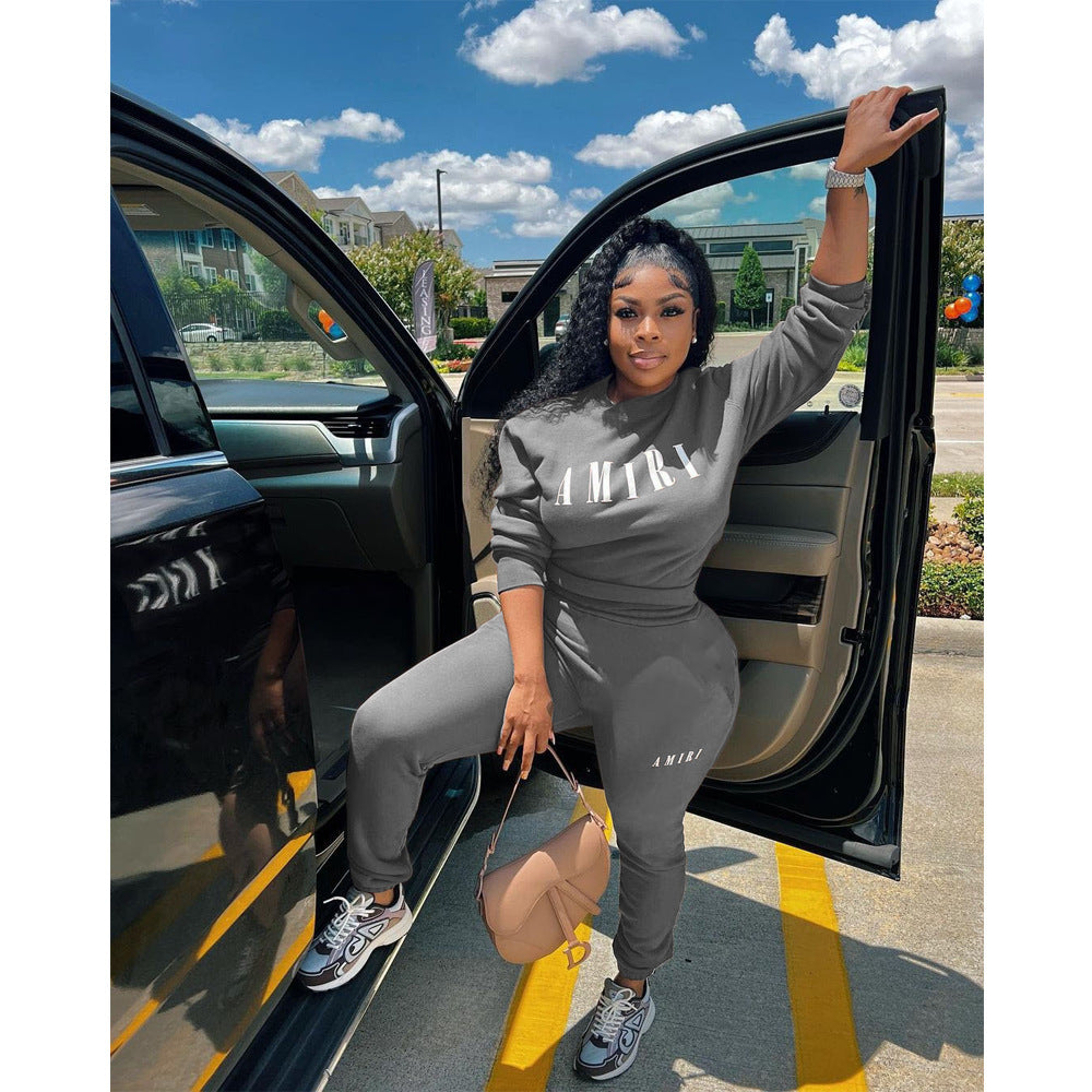 Women'S Printed Round Neck Pullover Two-Piece Pants Set 3