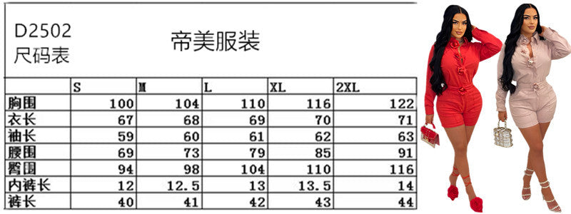 Summer Fashion Women's Solid Color Flower Long Sleeve Shirt Pocket Shorts Two-Piece Set 5