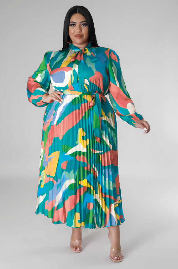 Plus Size Fall Women's Pleated Long Sleeve Dress 14