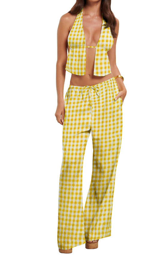 Spring Summer Women's Halter Neck Lace-Up Sexy Low Back Sleeveless Top Pants Set 14