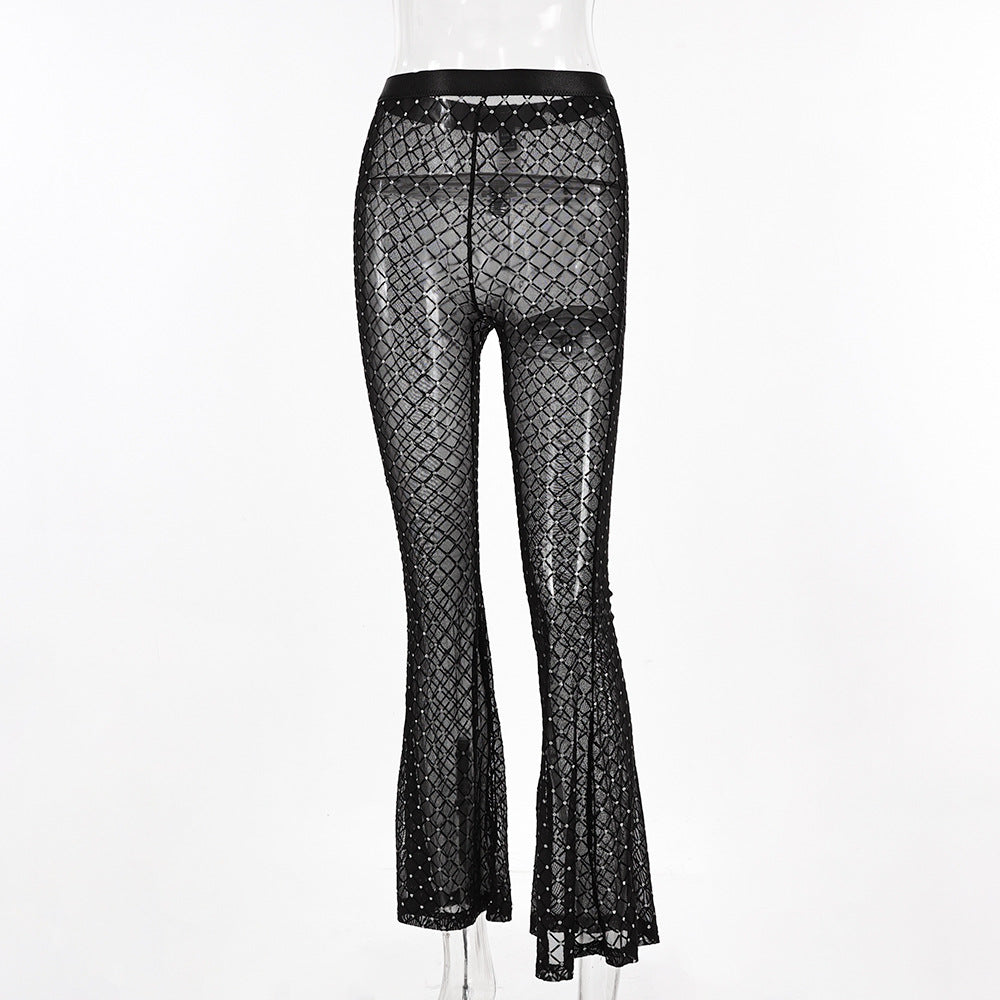 See-Through Rhinestone Mesh Sexy Trousers Women Nightclub High Waist Flared Pants 8