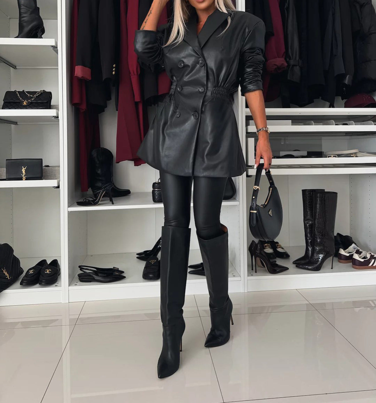 Autumn And Winter Long Sleeve Faux Leather Career Women Office Jacket 9