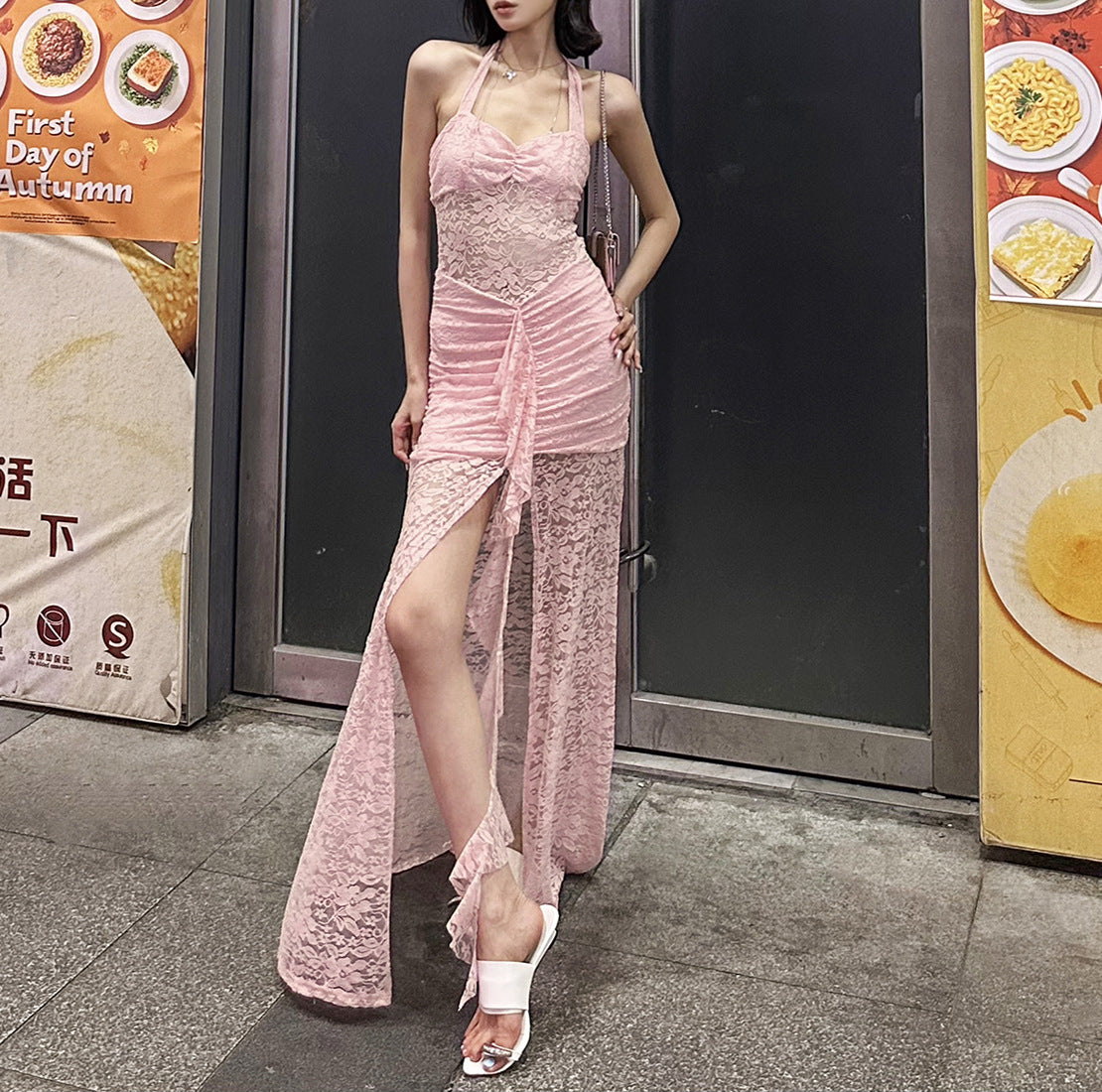 Summer Fashion Chic Elegant Lace Patchwork Halter Neck Slit Long Dress 19