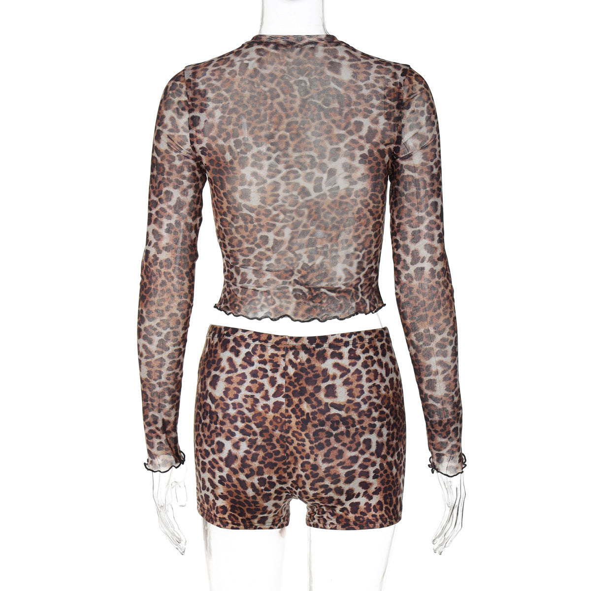 Women's autumn sexy leopard printed mesh long-sleeved top slim shorts two piece set 8