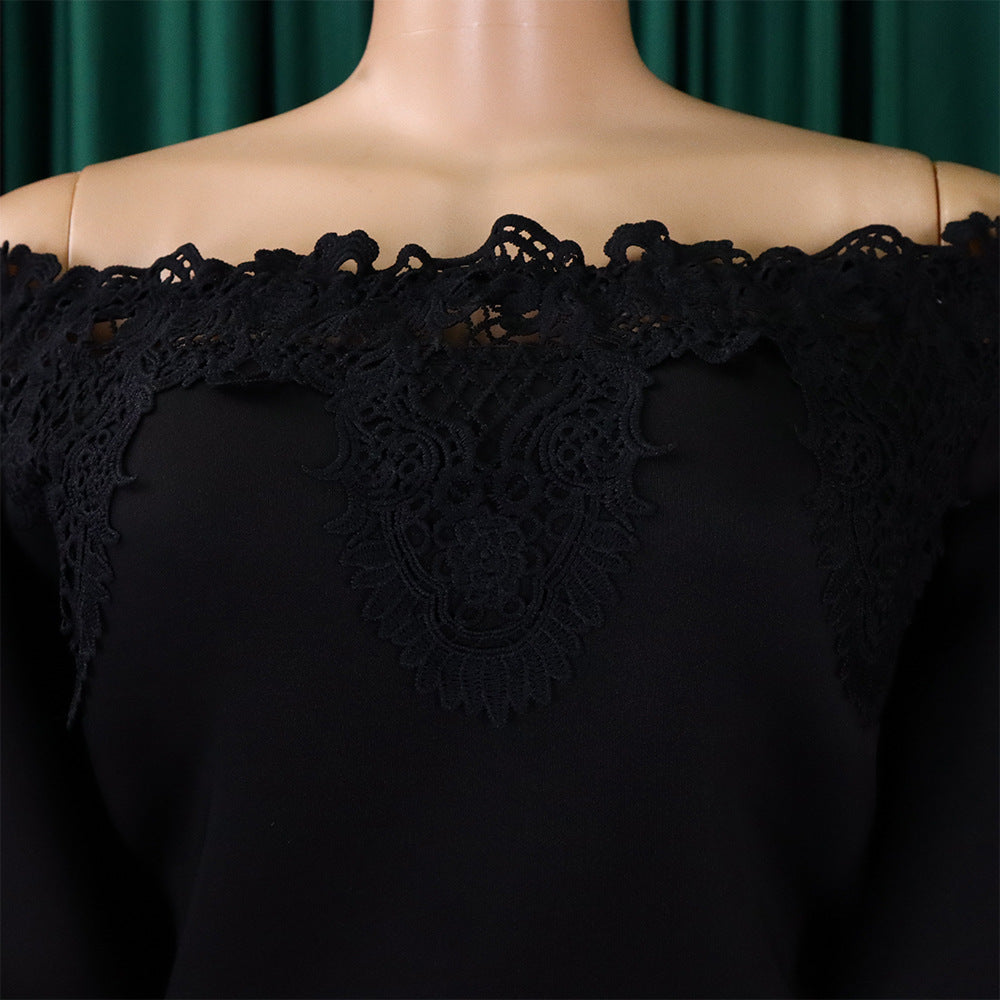 Women Off Shoulder Puff Sleeve Lace Patchwork Formal Party Mermaid Dress 33