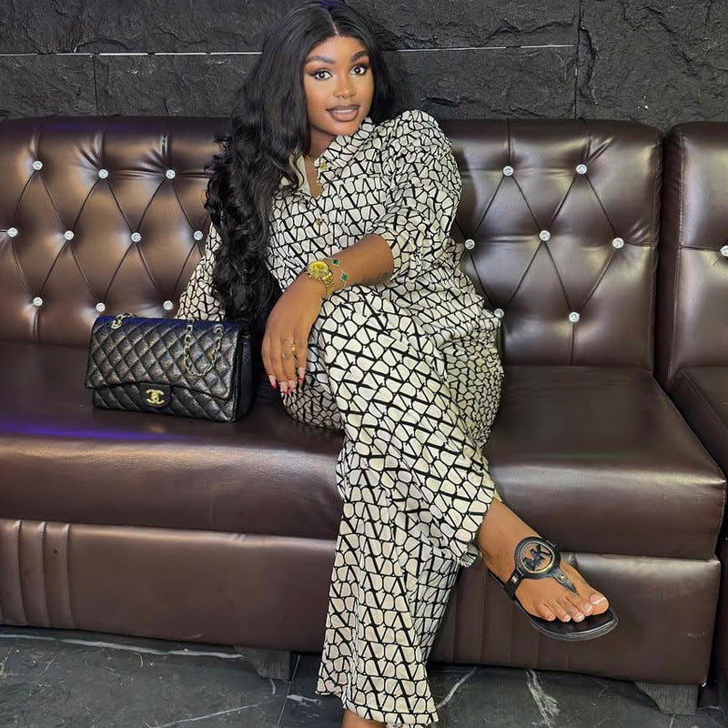 Printed Long Sleeve Shirt Wide Leg Trousers Two-Piece Set Africa Spring And Autumn Suit Fashion Women's Clothing 3