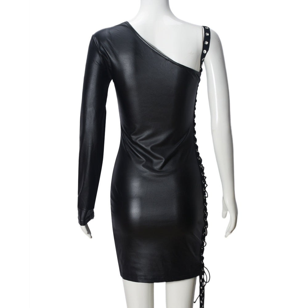 Slash Shoulder Hollow Lace Up Long Sleeve Bodycon Dress 6