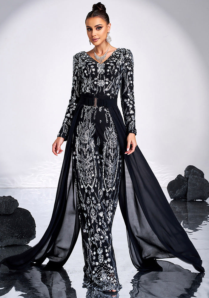 Women Chic V-Neck Long Sleeve Long Sequin Formal Party Jumpsuit