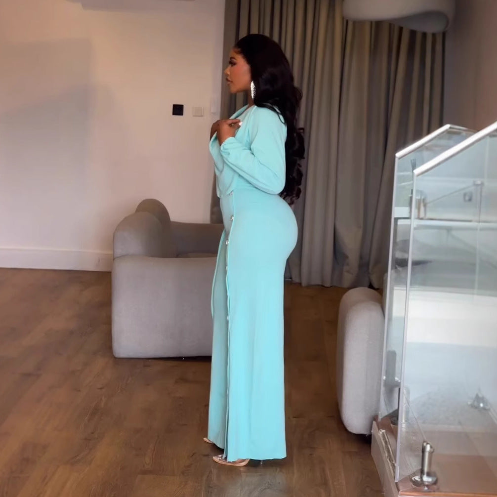 Sexy Lantern Sleeve Slim Waist Button Decoration Wide Leg Jumpsuit 5