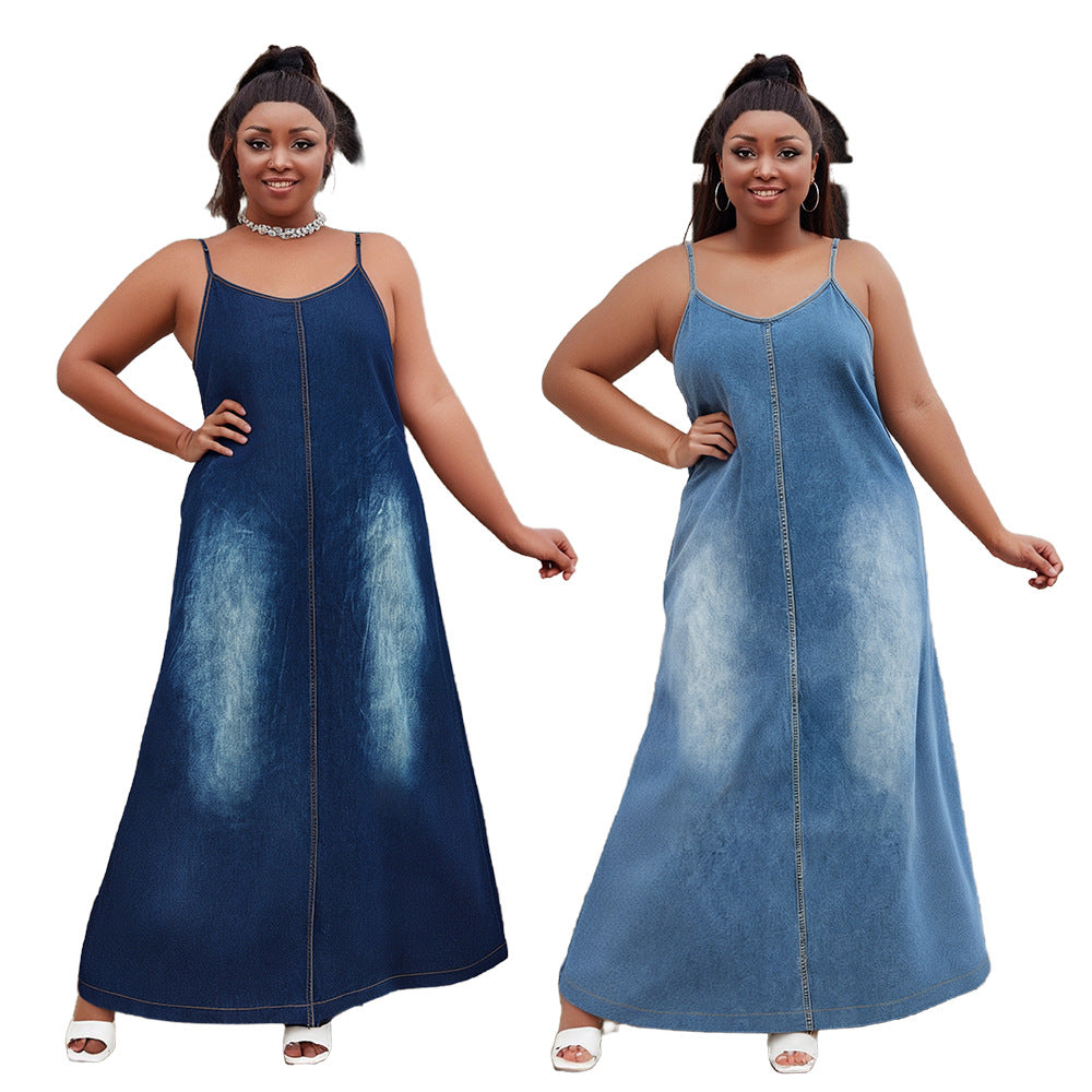 Plus-Size Women V-Neck Strappy Casual Denim Dress 9