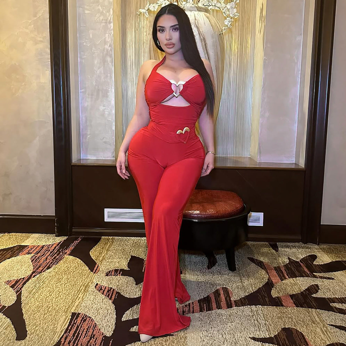 Women Summer Sexy Metal Button Hollow Sexy Backless Halter Neck Jumpsuit 3