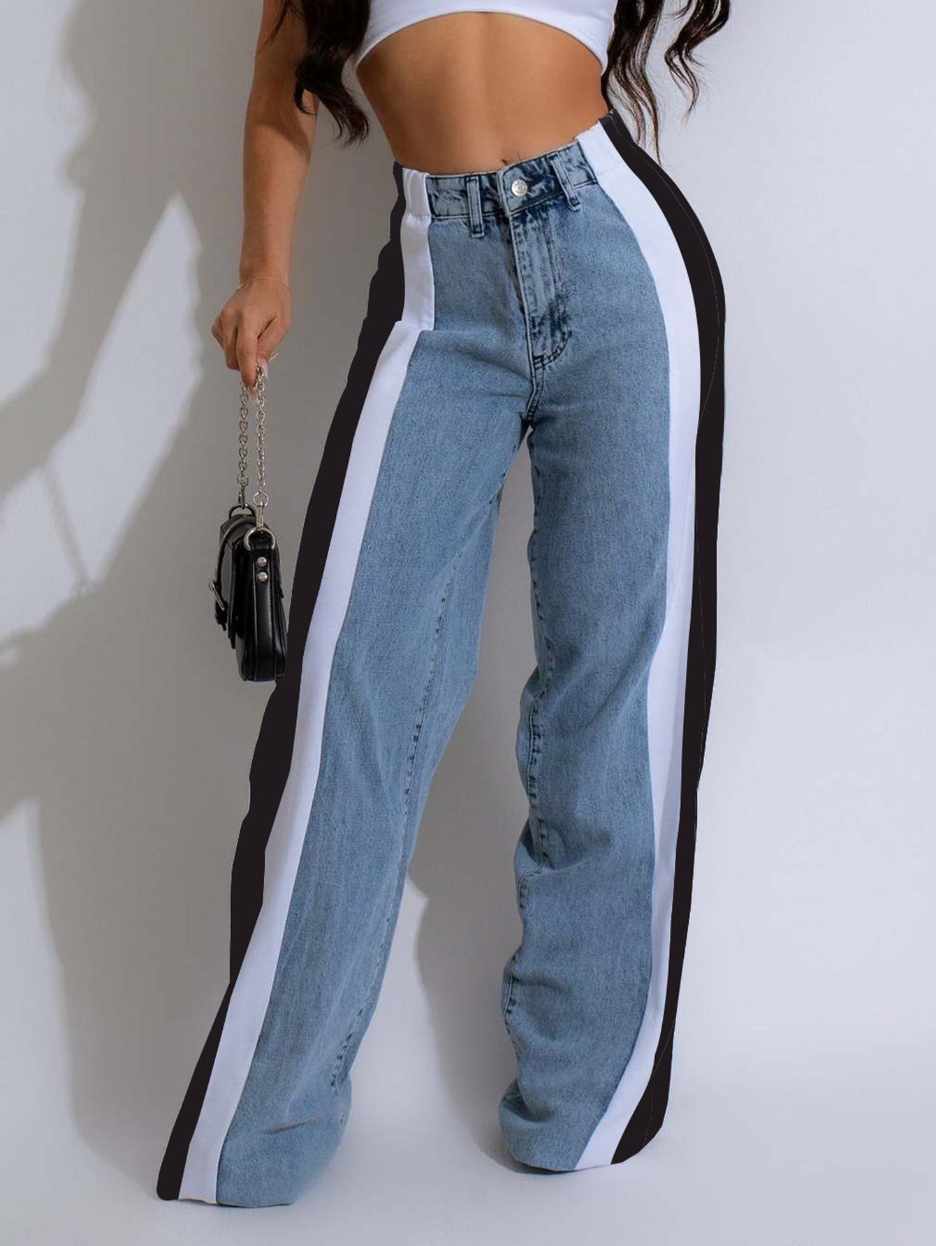 Women's street fashion leopard print patchwork straight denim trousers 3