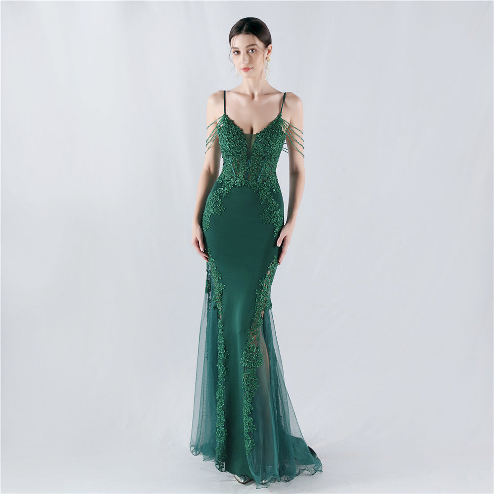 Sexy Strap Rhinestone Chain Fishbone Lace Evening Dress 3