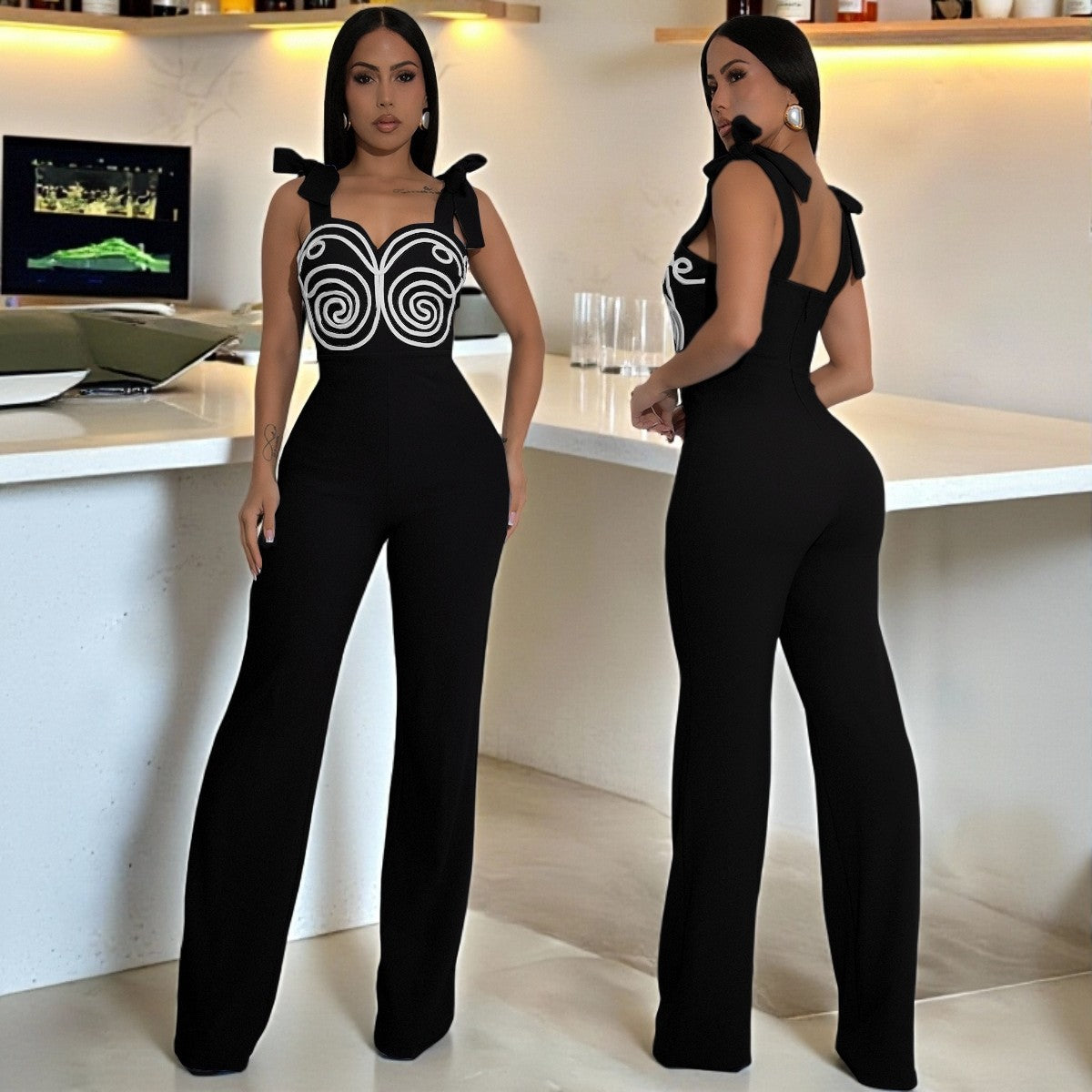 Women Party Geometric Ribbon Embroidered Jumpsuit