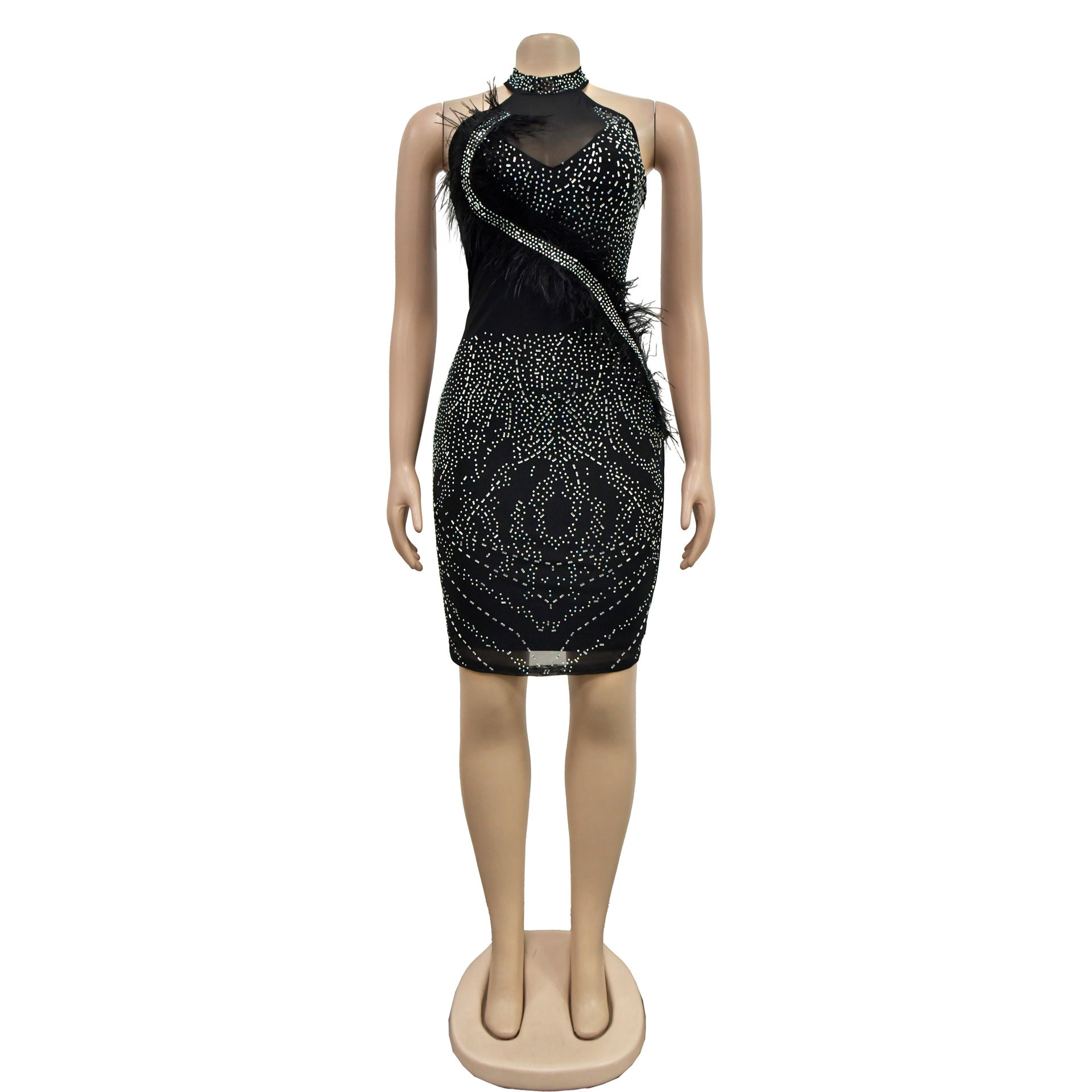 Fashion Women's Solid Color Mesh Beaded Feather Club Dress 13