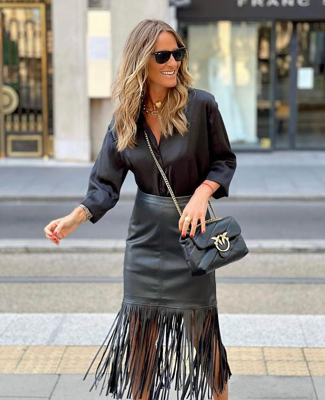 Street Trend Fall/Winter Tassel Patchwork Leather Skirt 3