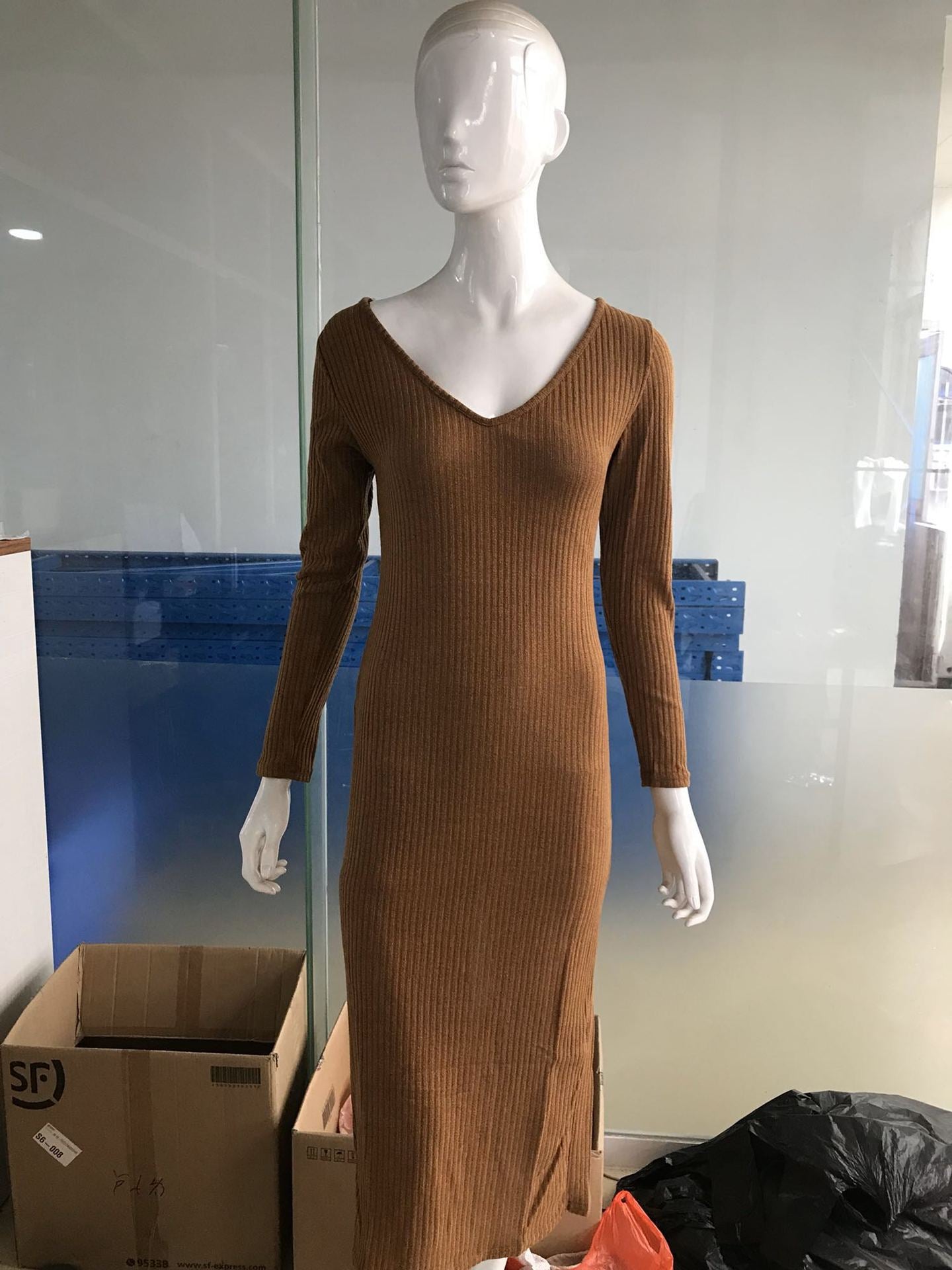 Women Sexy Off Shoulder V Neck Long Sleeve Dress 21