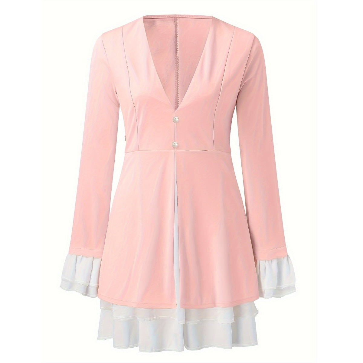 Women Casual Sexy V Neck Button Ruffle Patchwork Long Sleeve Dress 5