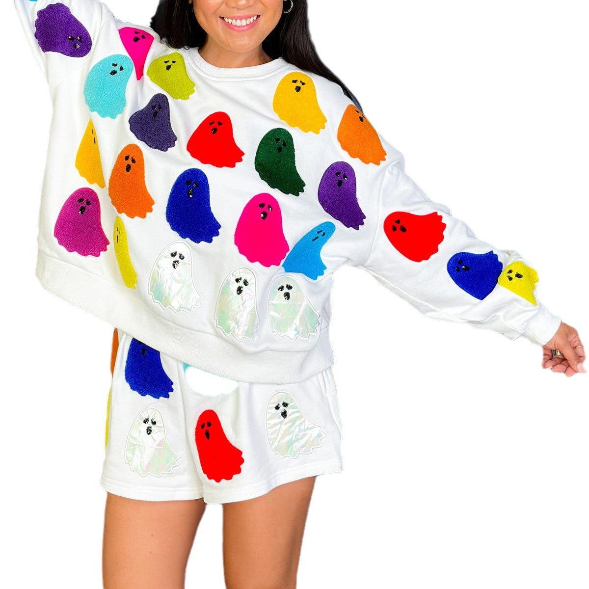 Halloween Women Printed Ghost Print Long Sleeve Top and Shorts Two Piece Set 7