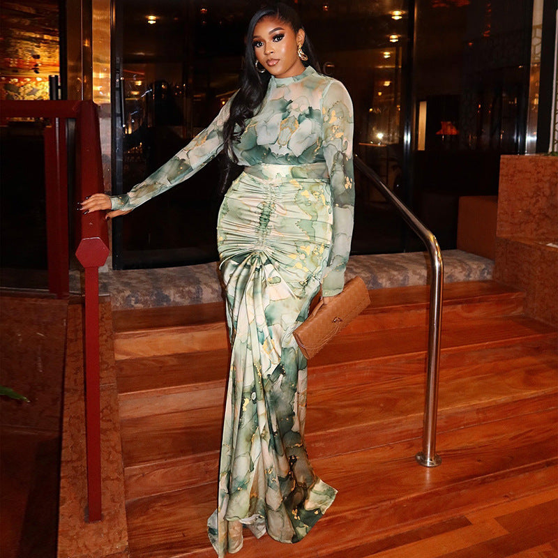 Women Casual Printed Turtleneck Top and Pleated Long Skirt Two-piece Set 3