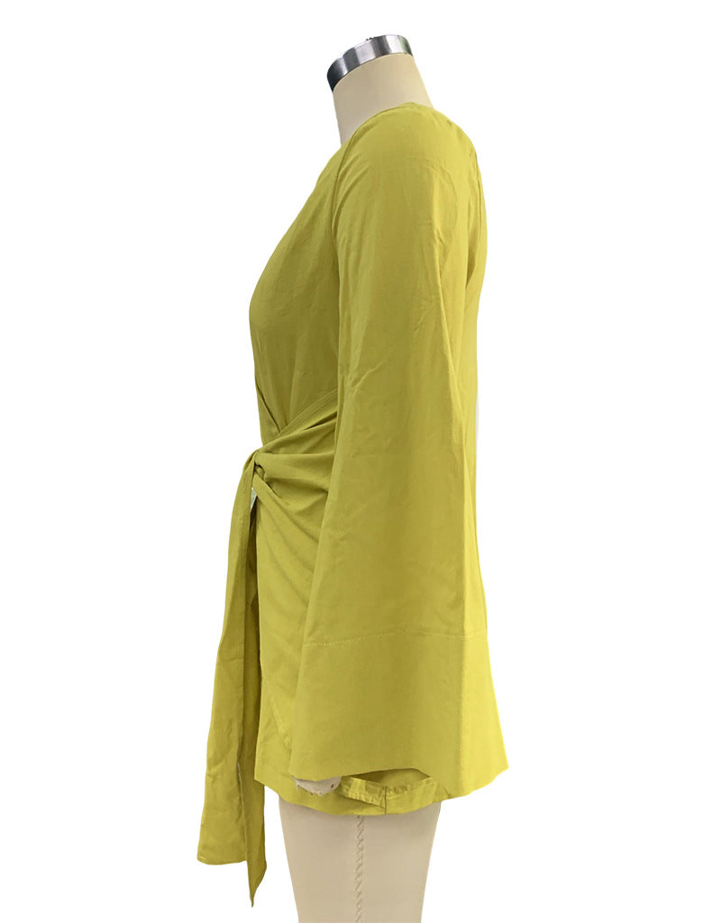 Ladies Fashion Chic Bell Bottom Sleeve V Neck Linen Dress 20