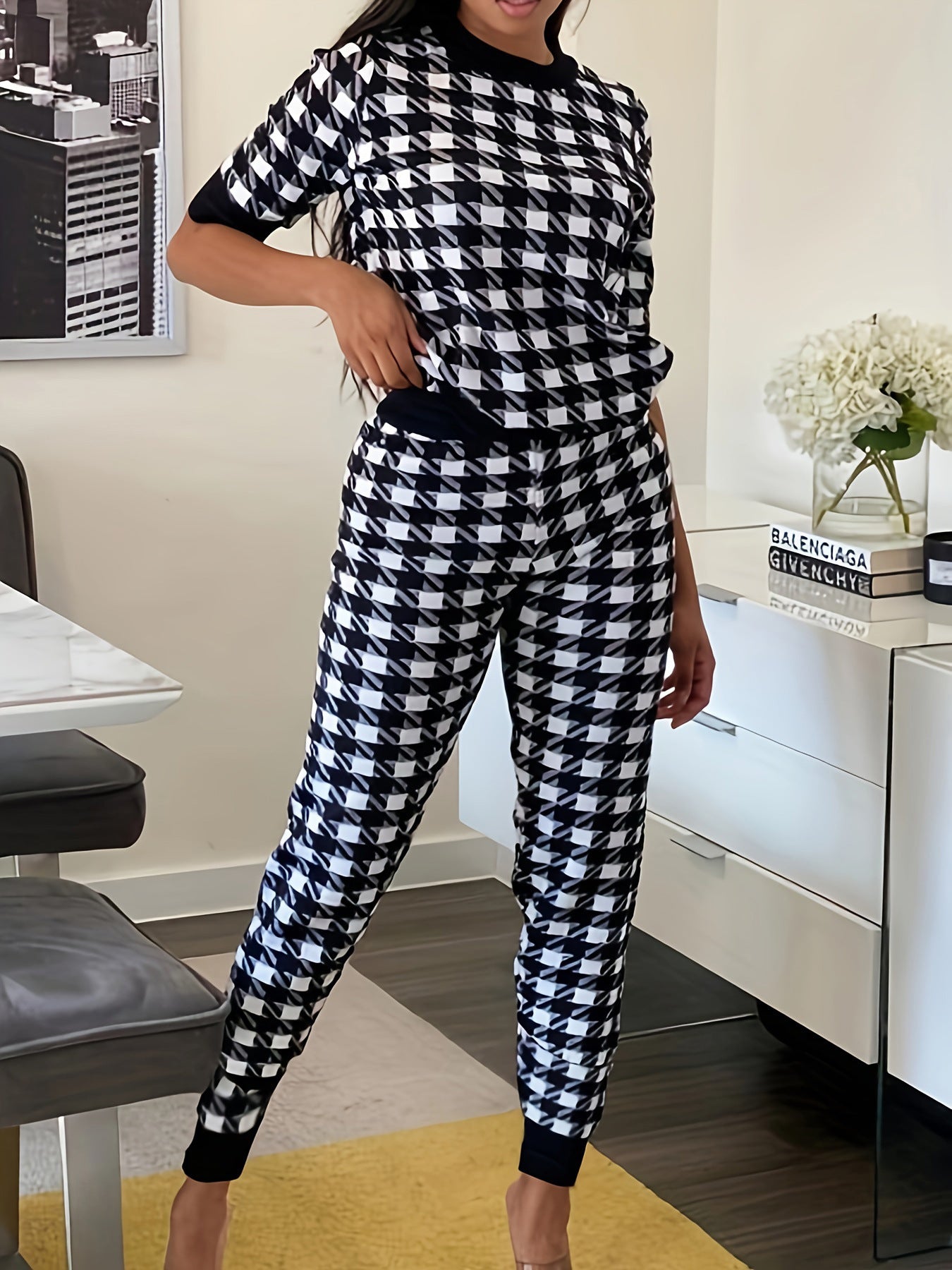 Fashionable Casual Black And White Plaid Sports Two Piece Pants Est 6