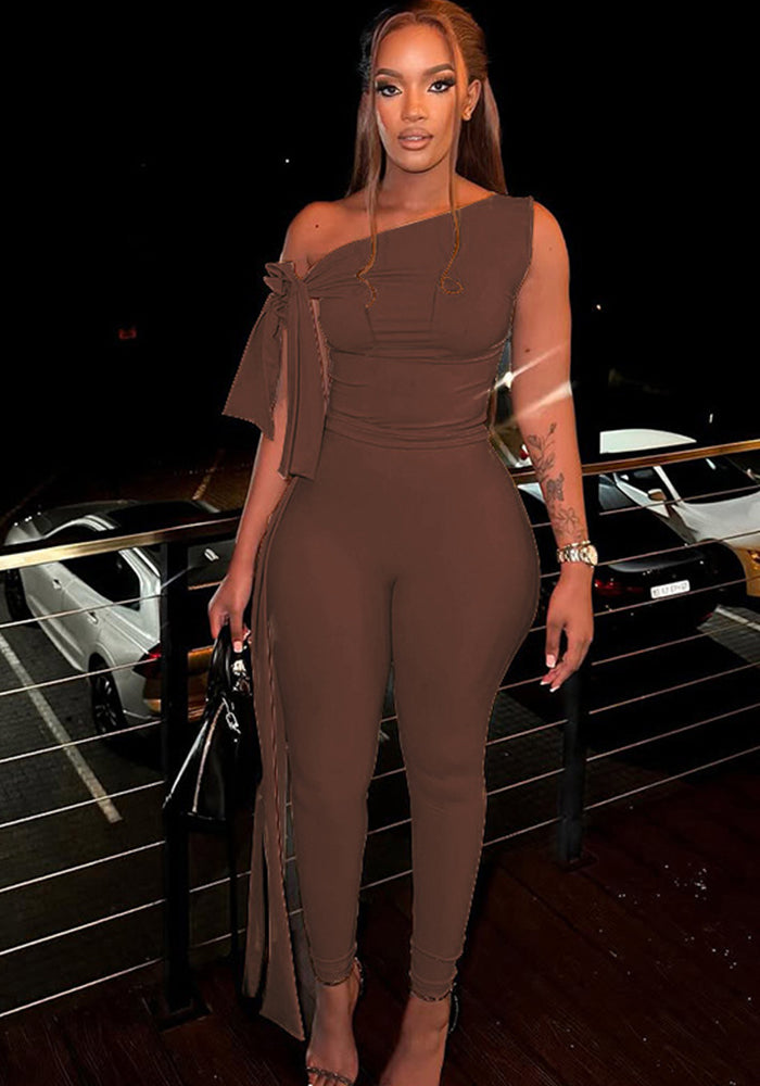 Fashion One-Shoulder Solid Pants Set Slash Shoulder Lace-Up Top Tight Fitting Pants Two-Piece Set
