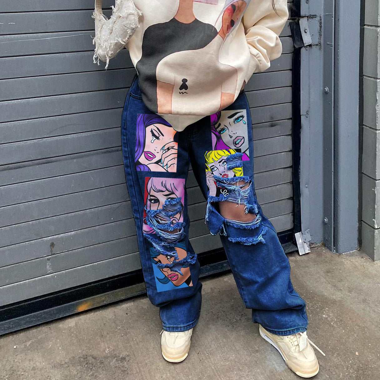 American Retro High Street Printed Wash Denim Pants Casual Women Wide Leg Jeam 10