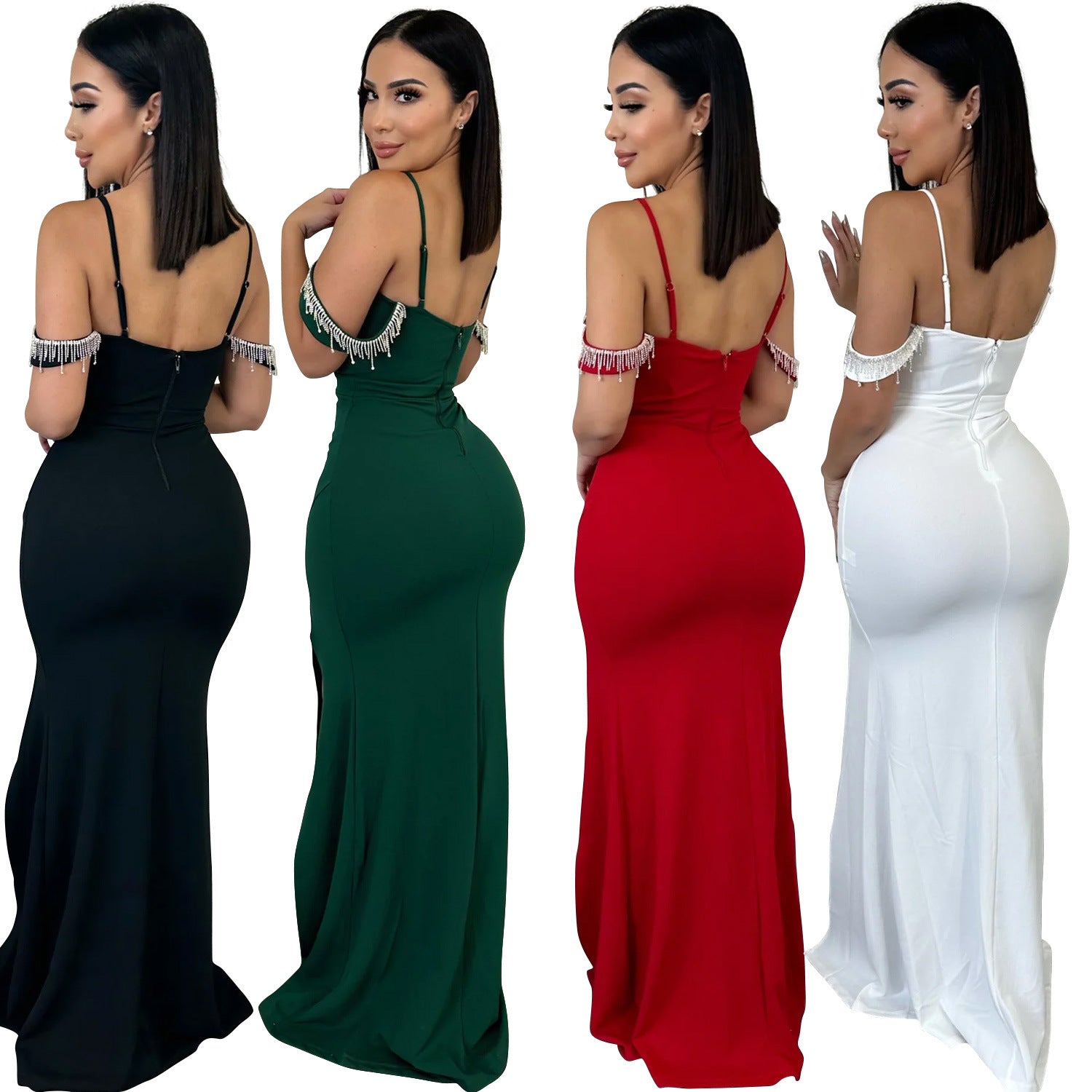 Fashion Women's Solid Color Tassel Suspender Long Dress 8