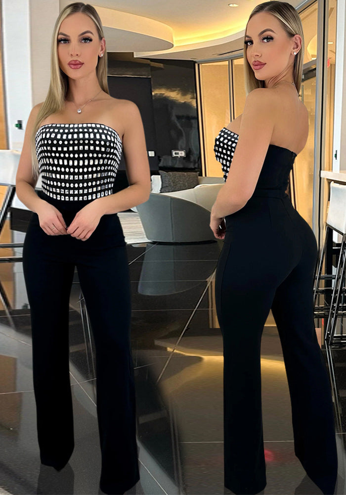 Women Fashion Beaded Strapless Slim Sexy Jumpsuit