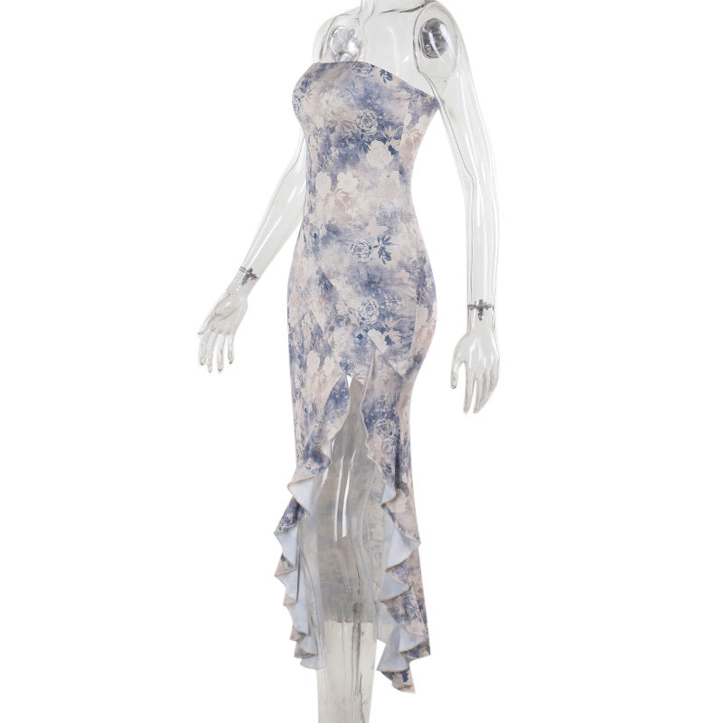 Women Spring French Print Strapless Ruffle Slit Dress 7
