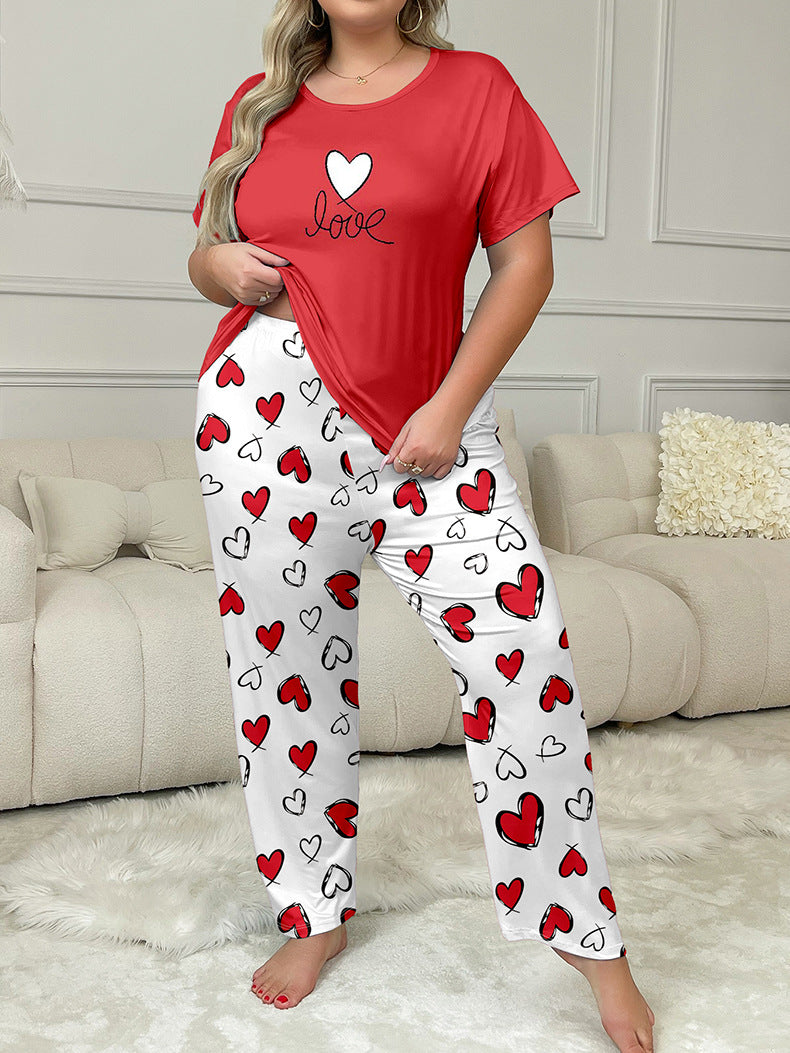 Plus Size Women Spring Summer Printed Short Sleeve T-shirt and Pants Pajama Set 3