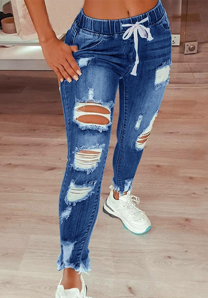 Elastic Waist Women's Denim Pants High Waist Ripped Tie-Up Jeans