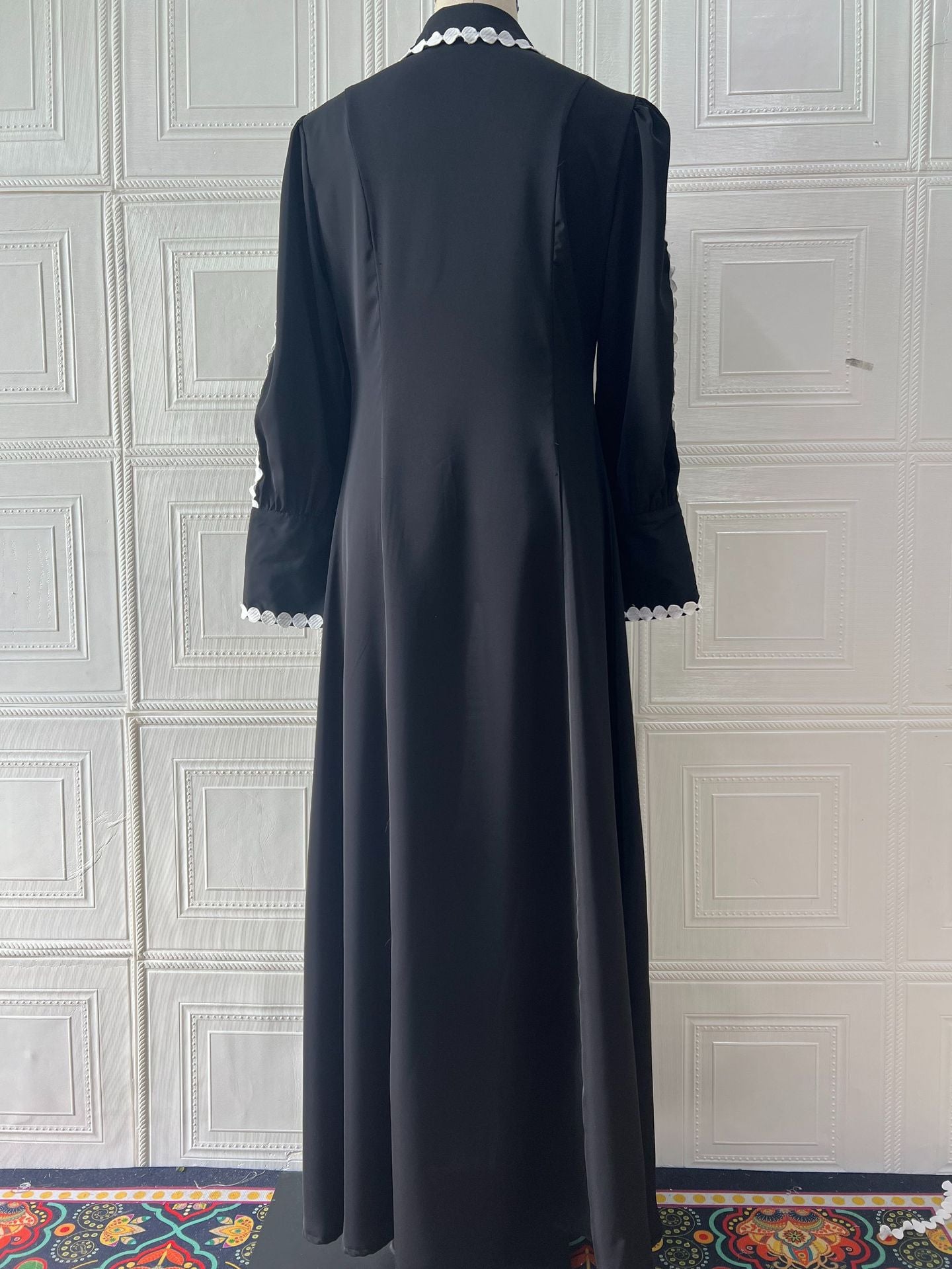 Women Autumn French Lace Turndown Collar Lantern Sleeve Dress 4