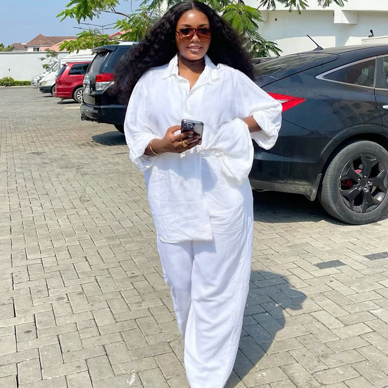 Women's Casual White Shirt Trousers Two-Piece Set 4