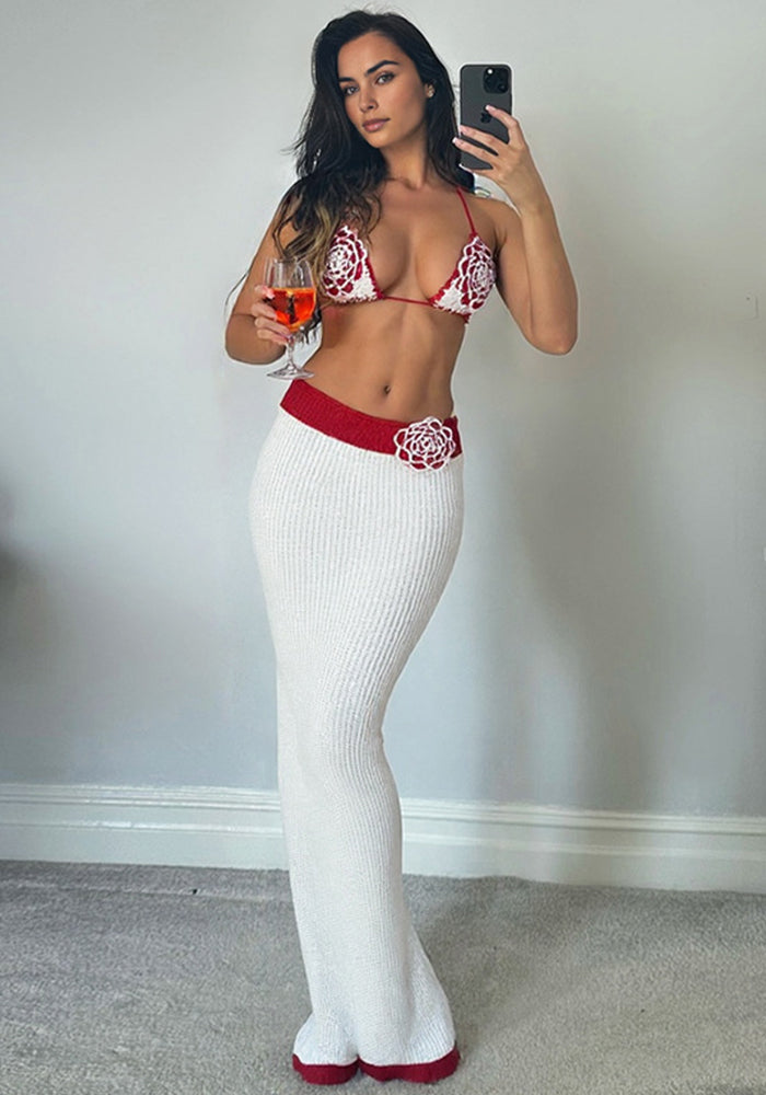 Women's Autumn Sexy Knitting Crochet Halter Neck Camisole Color Block Slim Skirt Set