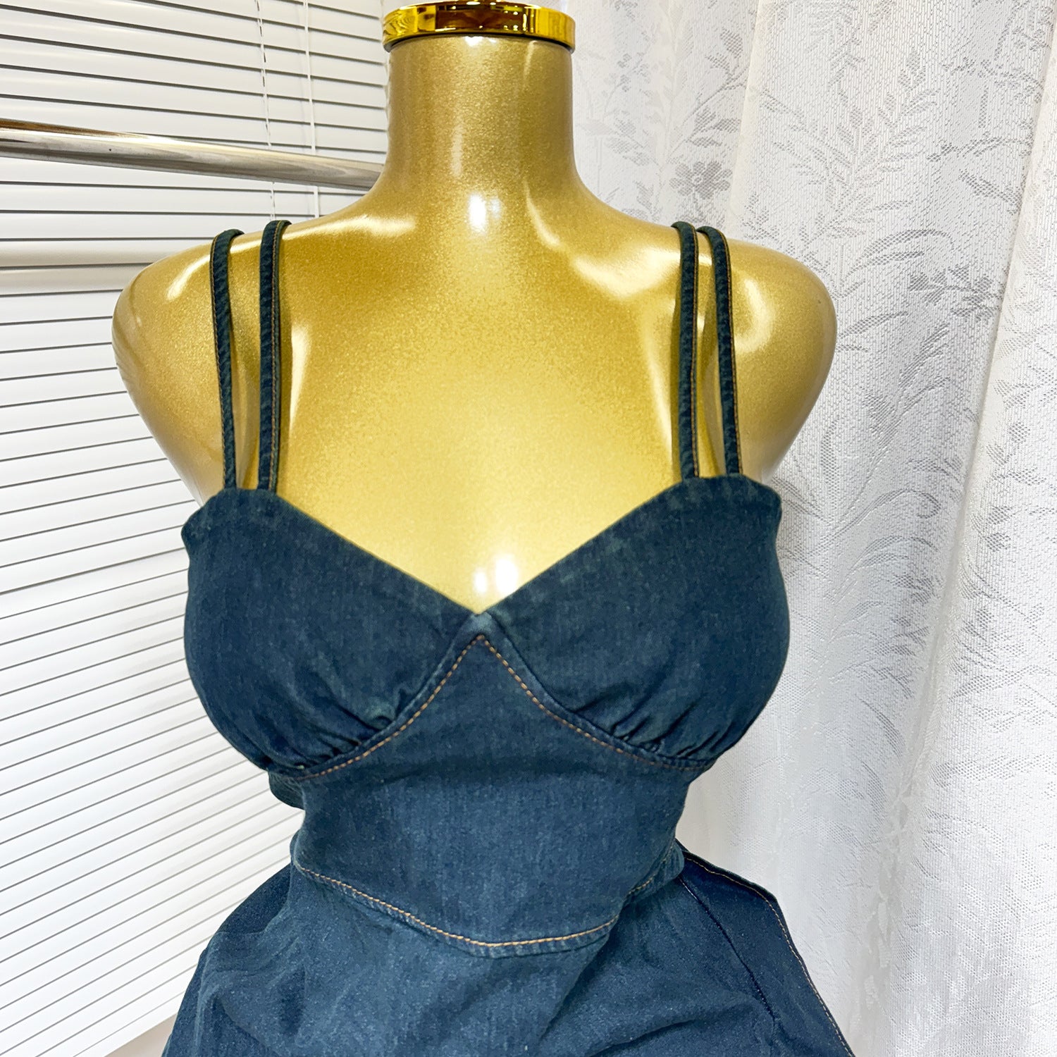 Women's Summer Elastic Slim Waist Sexy Denim Strap Ruffled Bodycon Short Dress 5