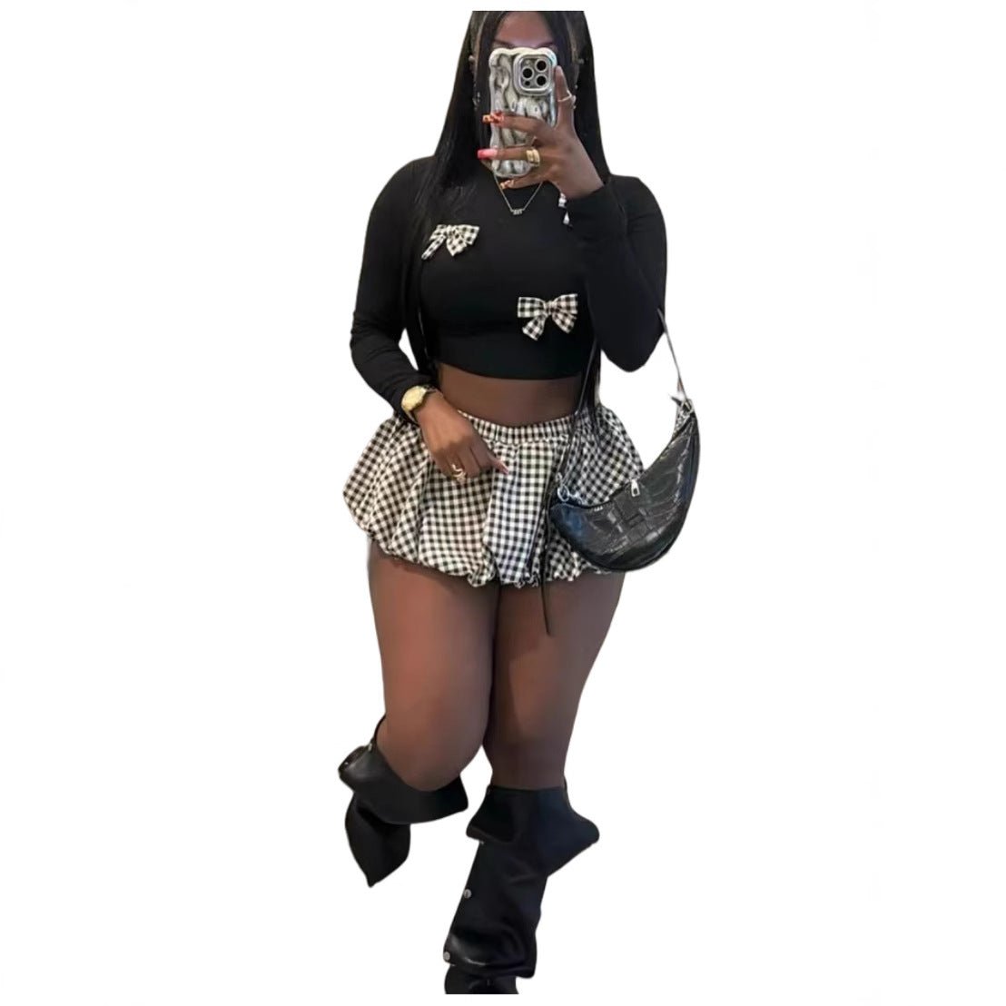 Bow Knot Long Sleeve Crop Top Shorts Two Piece Set 4