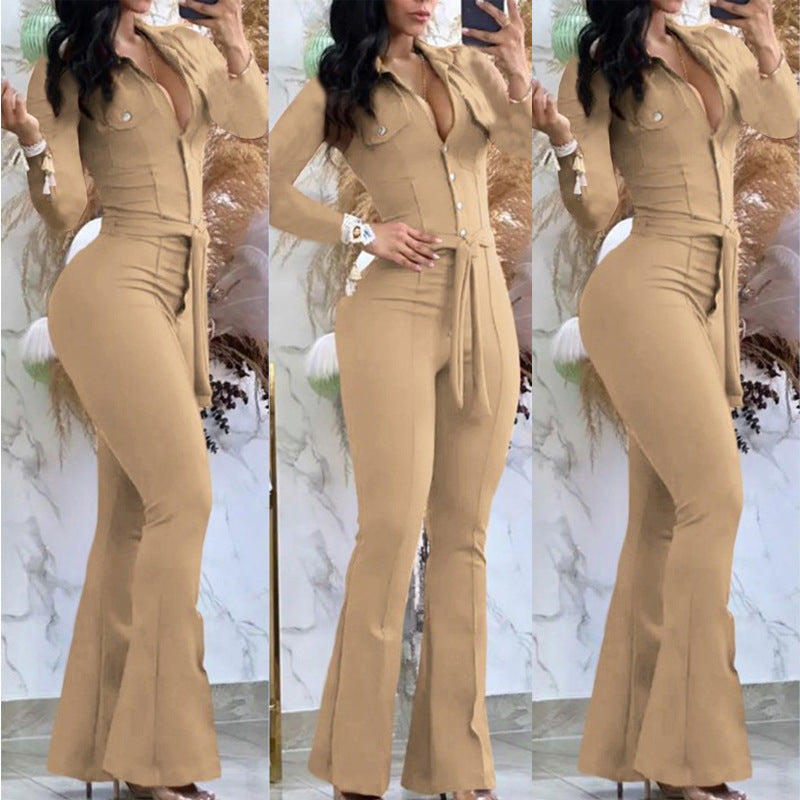 Women Turndown Collar Long Sleeve Bell-Bottom Jumpsuit 3
