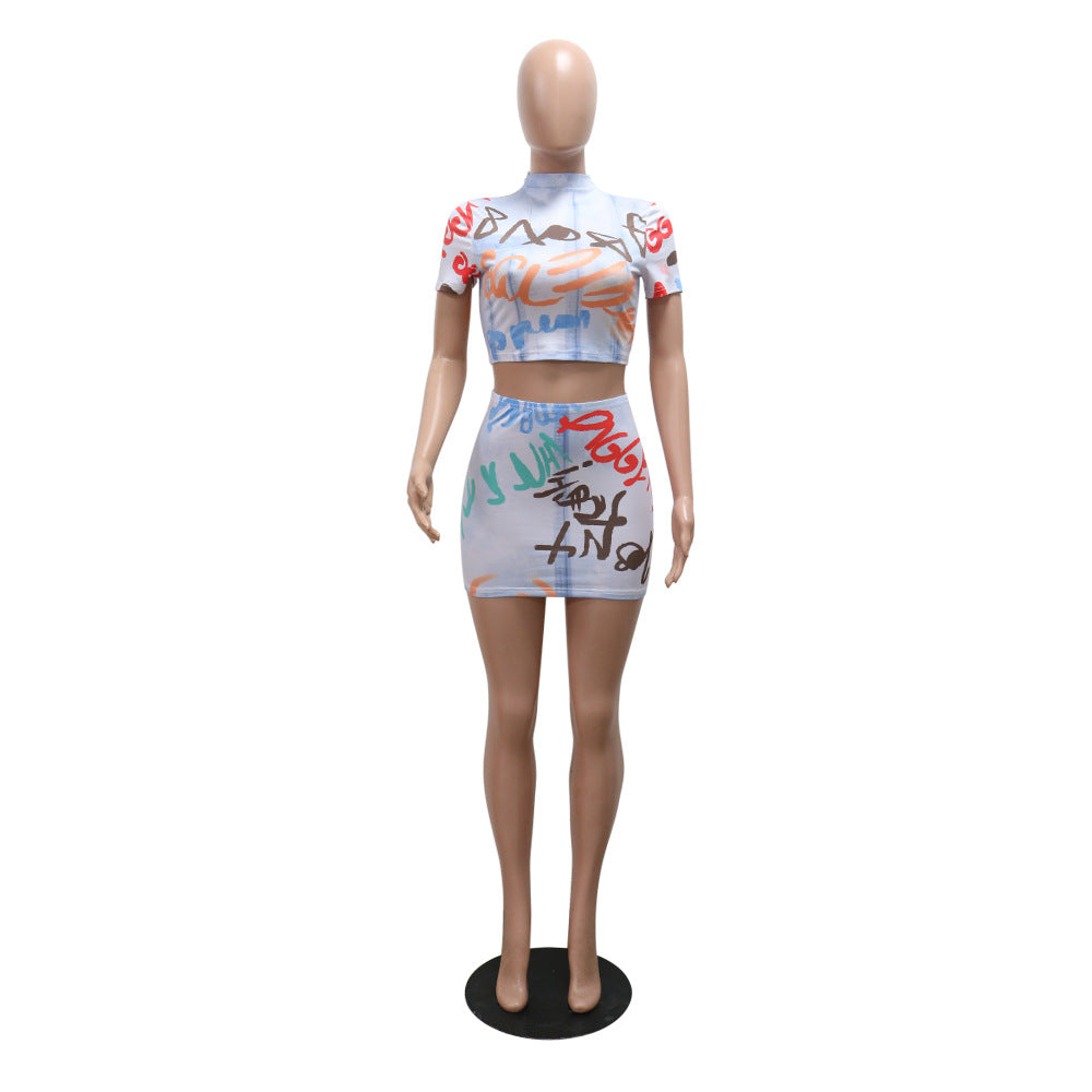 Fashion Printed Round Neck Short Sleeve Top Slim Short Skirt Sexy Two Piece Set 6