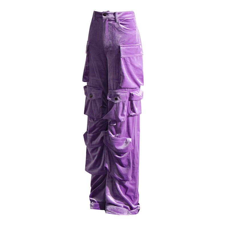 Women Fall Patchwork Pocket  Velvet Pants Straight Leg Cargo Pants 13