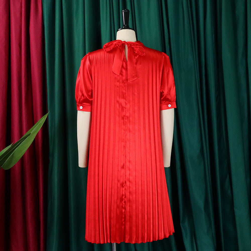 Plus Size Women's Summer Fashion Loose Casual Lace-Up Pleated Dress 11