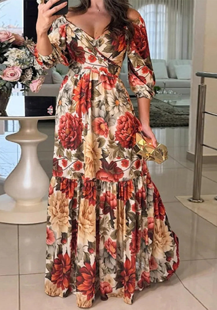 Women summer elegant print lace V neck dress