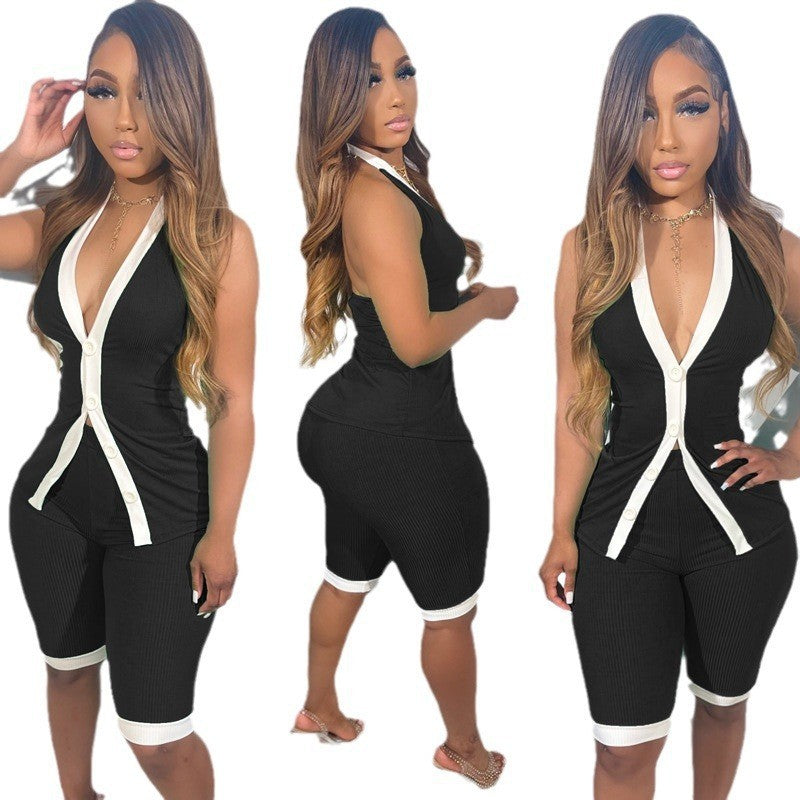 Women sexy contrast v-neck Halter Neck Top and Shorts two-piece set 7