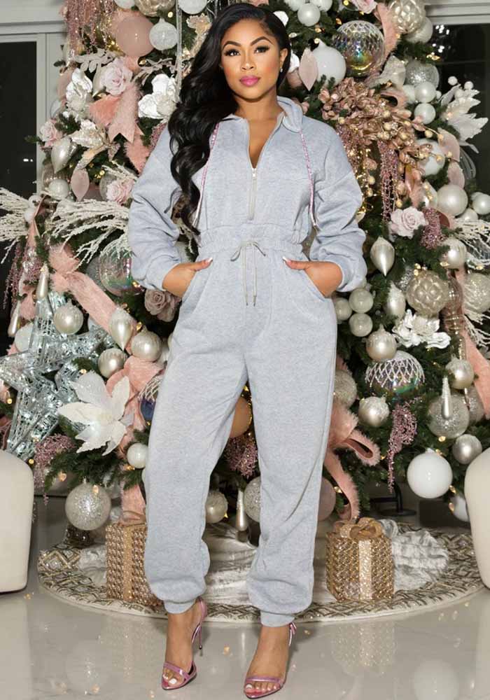 Sexy Women'S Hooded Solid Color Long Sleeve Casual Jumpsuit
