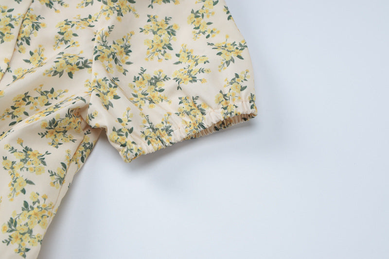 Women French Floral Sexy Chic V-neck Puff Sleeve Pleated Skirt 11